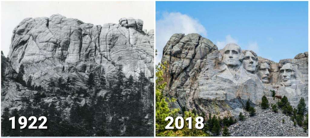 Side-by-side images of Mount Rushmore: on the left, the bare mountain from 1922; on the right, the completed sculpture in 2018 featuring the faces of four U.S. presidents.