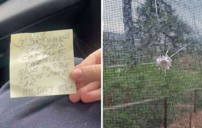 Left: A hand holds a note reading, "I don't wanna see this car park parallel side to side with the white car. 16th July 8:30AM." Right: A cracked glass window with a star-shaped impact mark. Trees are visible outside.