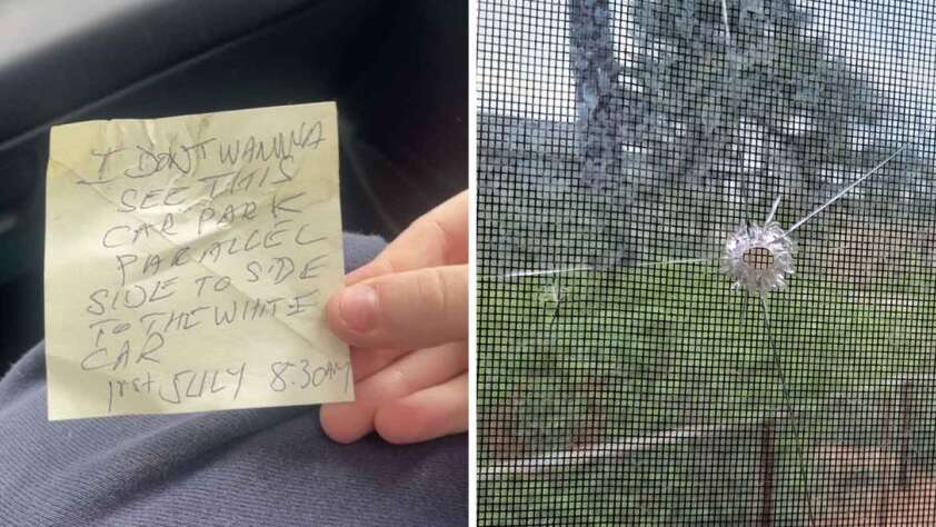 Left: A hand holds a note reading, "I don't wanna see this car park parallel side to side with the white car. 16th July 8:30AM." Right: A cracked glass window with a star-shaped impact mark. Trees are visible outside.