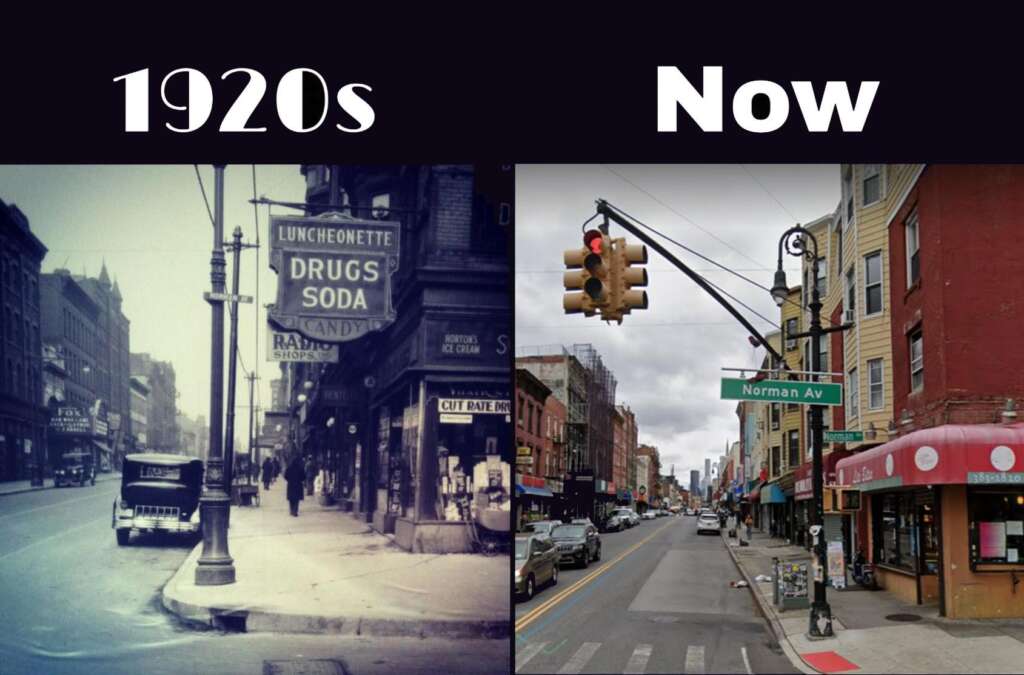 Split image of a street corner in the 1920s and the same location today. Left: Black and white, vintage cars, drugstore signage. Right: Modern color photo, cars, traffic lights, and a red building with a bakery awning. Signs read "Norman Ave.