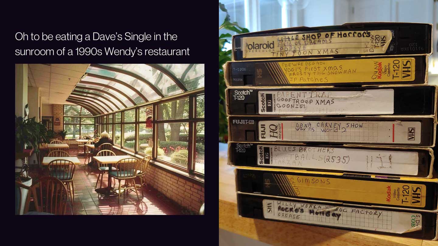 A 1990s Wendy's sunroom with wooden tables and chairs has sunlight streaming in through large windows. Next to it, a stack of labeled VHS tapes is arranged vertically, featuring various TV shows and movies.