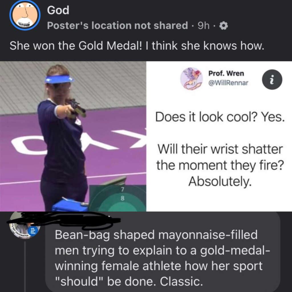 A female athlete in sportswear holds a gun at a shooting range. A tweet questions if the gun looks cool and jokes about wrist injury. A comment below criticizes a man's attempt to explain the sport to the athlete.