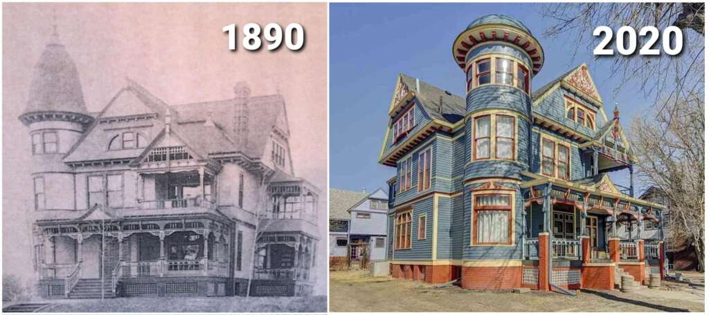 Side-by-side images of a Victorian house. Left: Sepia-toned photo from 1890 shows the original structure with ornate details. Right: 2020 photo shows the same house, restored with blue and red colors, maintaining its historic features.