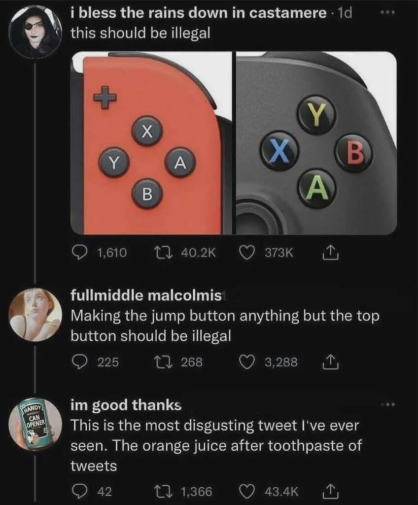 A Twitter thread featuring a debate about Nintendo controller buttons. The initial tweet shows a comparison of button layouts, sparking replies including “Making the jump button anything but the top button should be illegal," and one calling it “disgusting.”