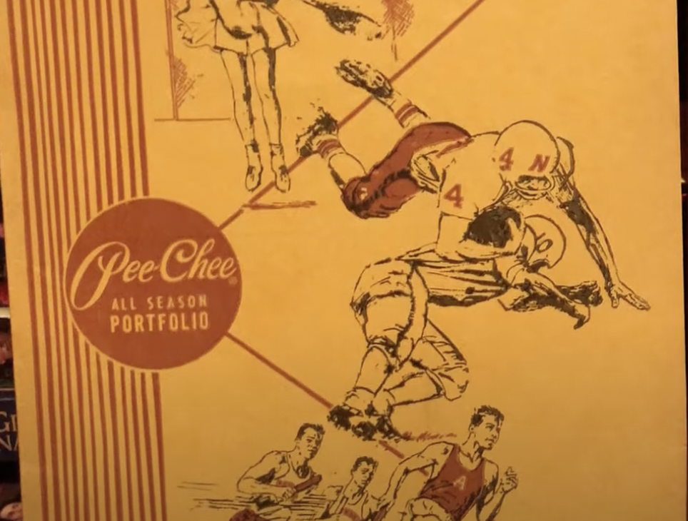 Vintage Pee-Chee portfolio with brown line art on a yellow background. It depicts athletes: a football player being tackled, a track runner, a baseball pitcher, and a basketball player. The words "Pee-Chee All Season Portfolio" are visible.