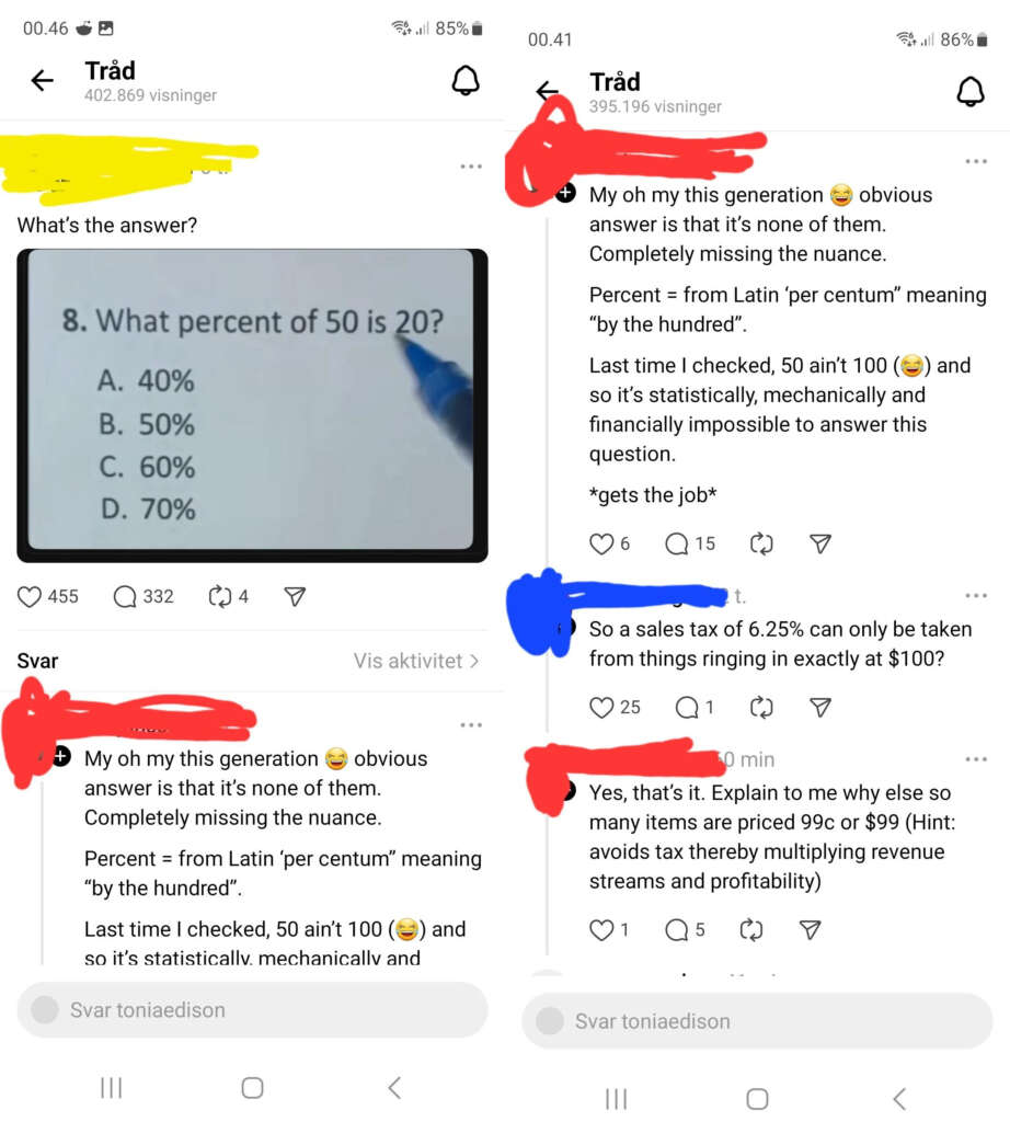 Screenshot of a social media thread discussing what percentage 50 is of 200. The original post shows four options for the answer. The replies humorously highlight how the answer should be obvious, engaging in playful banter about the calculation.