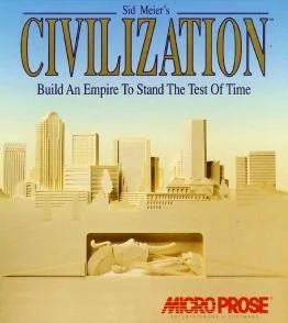 Cover art for the game "Civilization" by Sid Meier. It features a blend of urban skyline and ancient structures with a statue lying in the foreground. The tagline reads, "Build An Empire To Stand The Test Of Time." The MicroProse logo is at the bottom.