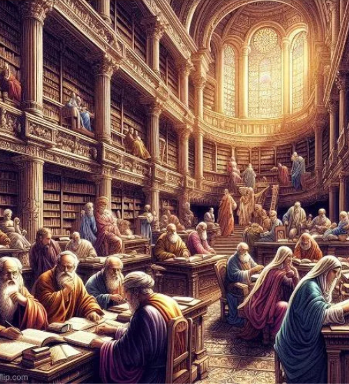 A grand, ornate library with high ceilings and arched windows filled with figures in historical robes. They are reading and discussing texts at wooden tables, surrounded by towering bookshelves. The setting is illuminated by warm, natural light.