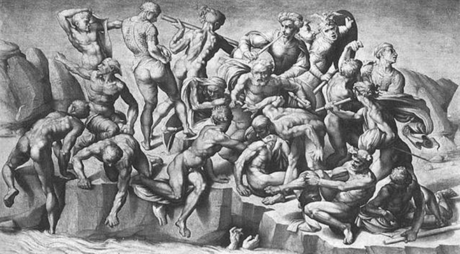 A black and white drawing depicting numerous intertwined figures in dynamic poses, engaged in a chaotic scene at the edge of a body of water. The figures exhibit expressions of struggle and movement, set against a rocky backdrop.