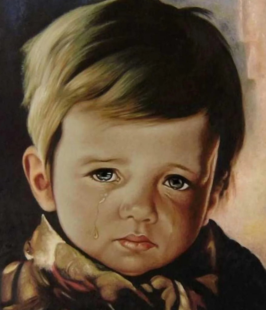 A painting of a young child with light brown hair and a tear rolling down their cheek. The child has a somber expression and is wrapped in a dark, patterned cloth. The background is softly shaded in warm tones.