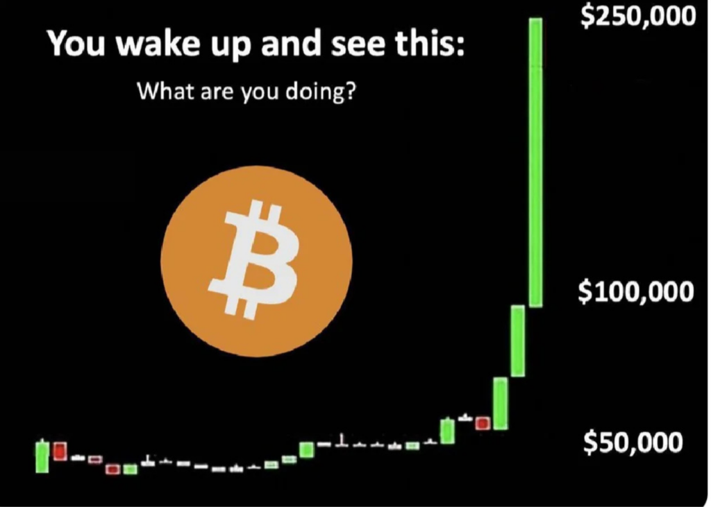 A Bitcoin logo is overlaid on a black background, displaying a candlestick chart showing a dramatic upward price surge from $50,000 to $250,000. The text reads, "You wake up and see this: What are you doing?