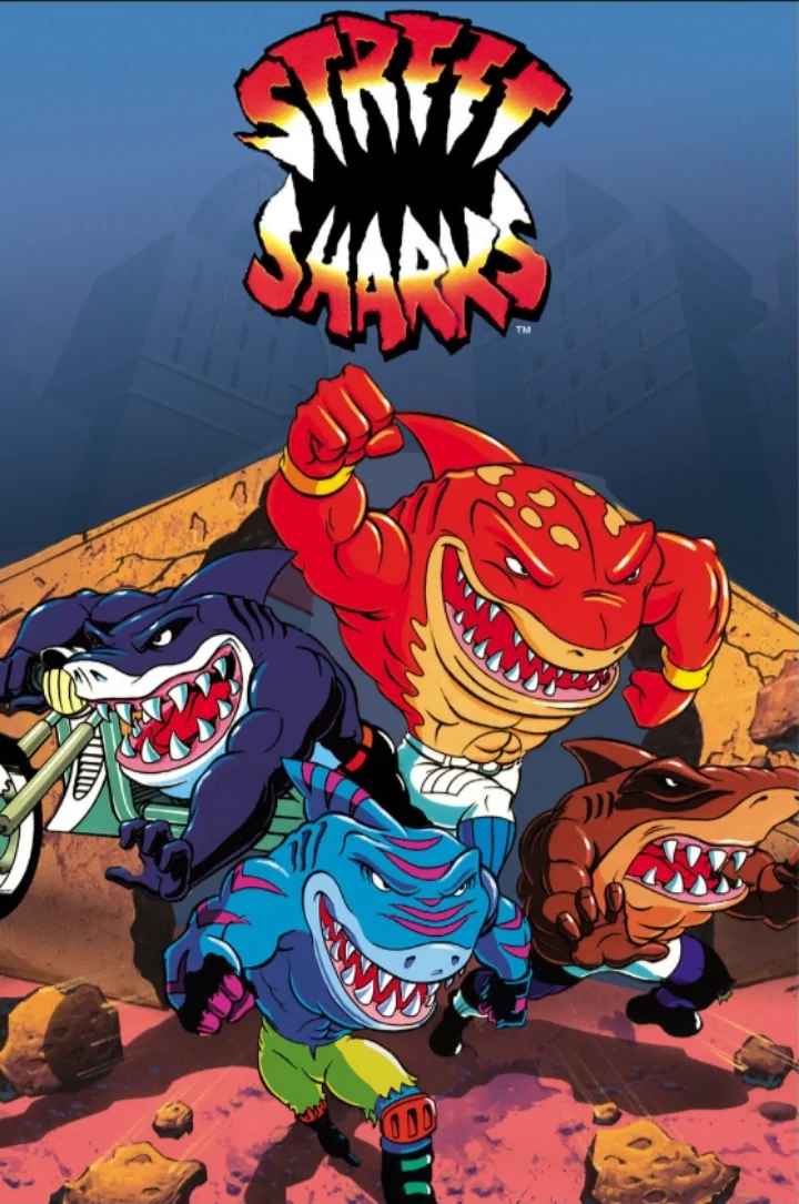 Illustration of four anthropomorphic sharks from the animated series "Street Sharks." They are muscular and wearing various outfits, running through a cityscape. Bold, colorful style with the series logo at the top.