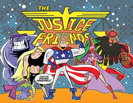 A group of cartoon superheroes poses confidently in front of a stylized logo reading "The Justice Friends." The characters include a large purple creature, a hammer-wielding hero, a star-spangled leader, a caped woman, and an armored figure.