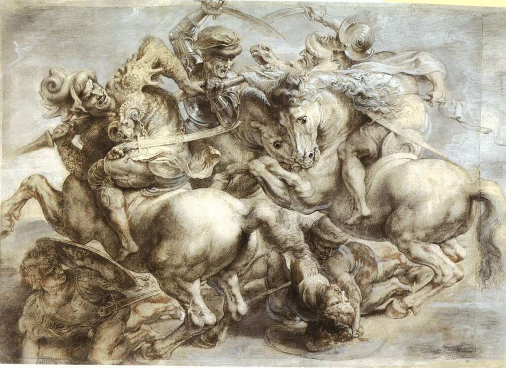 Drawing of a chaotic battle scene with armored soldiers and horses. Figures are engaged in close combat, wielding swords and shields. The dynamic composition conveys intense motion and conflict, with exaggerated expressions and flowing drapery.