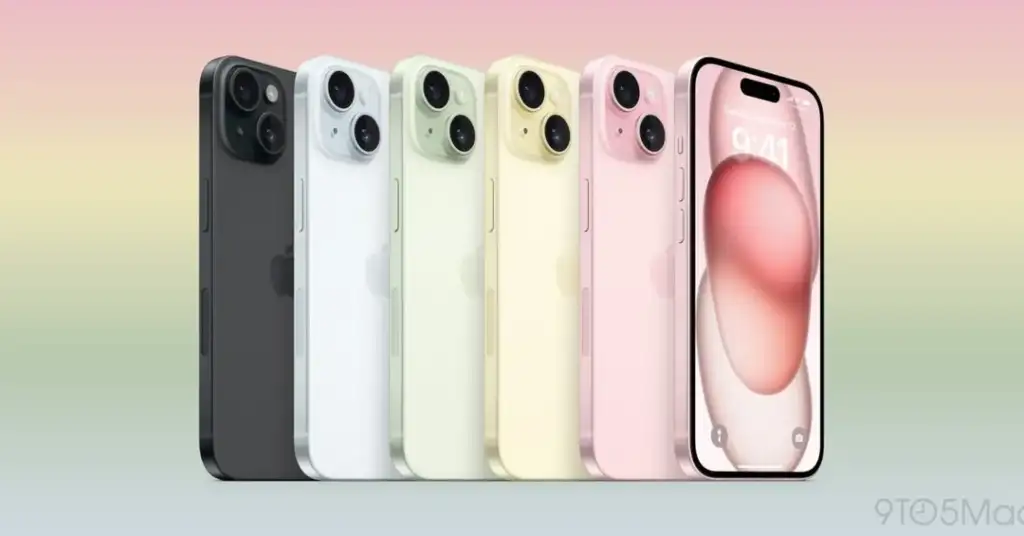 A lineup of six smartphones in various colors: black, white, green, yellow, pink, and red. Each phone has a similar design with rounded edges and dual rear cameras. The screen of the red phone is visible, displaying time and icons.