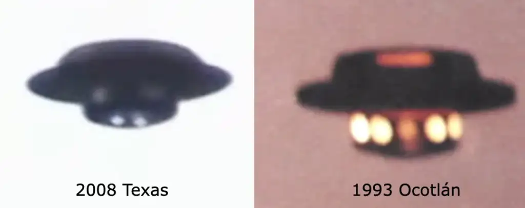 Two photos of unidentified flying objects. The left image from 2008 in Texas shows a dark, disc-like shape. The right image from 1993 in Ocotlán shows a similar shape with three glowing lights underneath.