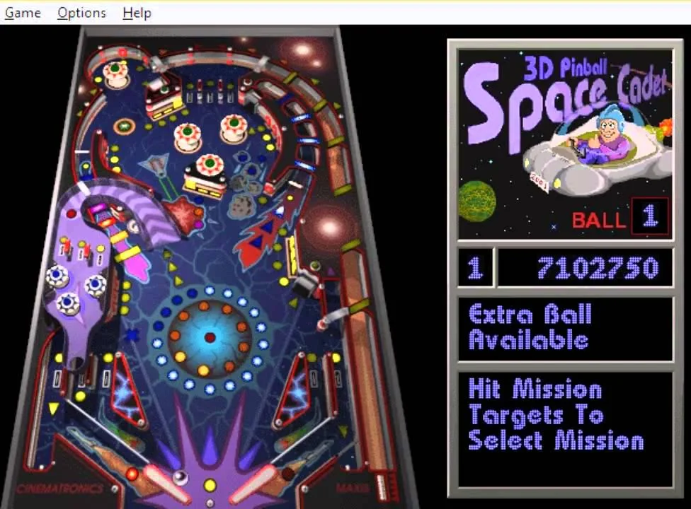 Screenshot of "3D Pinball: Space Cadet" game. The pinball table is themed with outer space visuals, showing colorful bumpers, flippers, and targets. The score display reads "7102750" with "Extra Ball Available." Mission instructions are on the right.