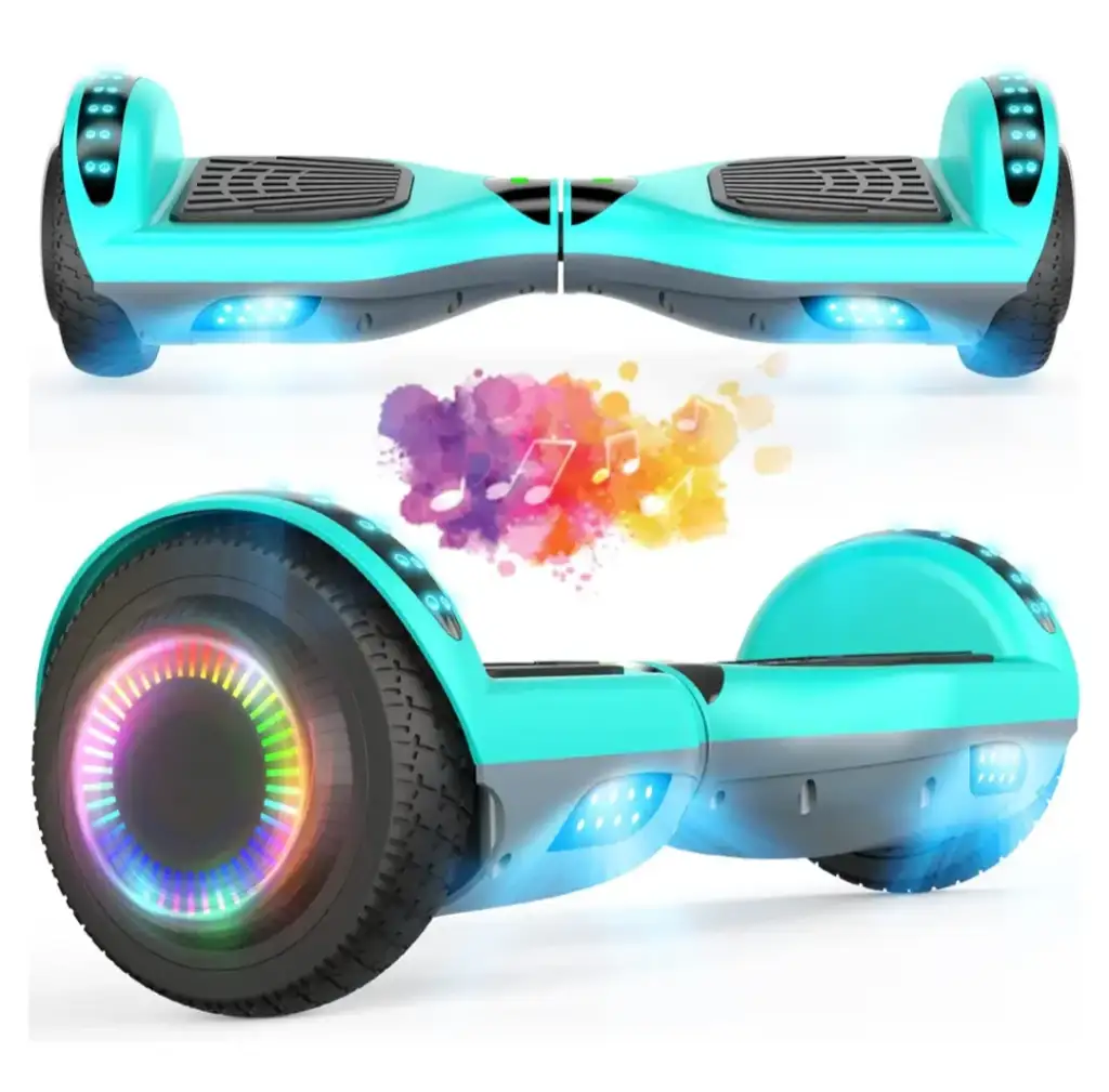 A bright turquoise hoverboard with LED lights on the wheels and footpads. It's displayed in side and top views. A colorful musical note graphic floats in the background, indicating a music feature.