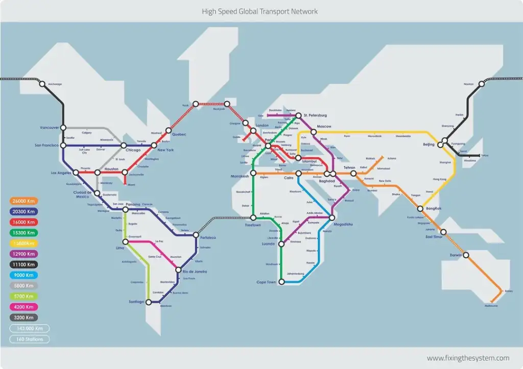 Map illustrating a conceptual high-speed global transport network. It shows interconnected routes spanning continents with color-coded lines representing different distances. Major cities worldwide are marked as nodes on the network.