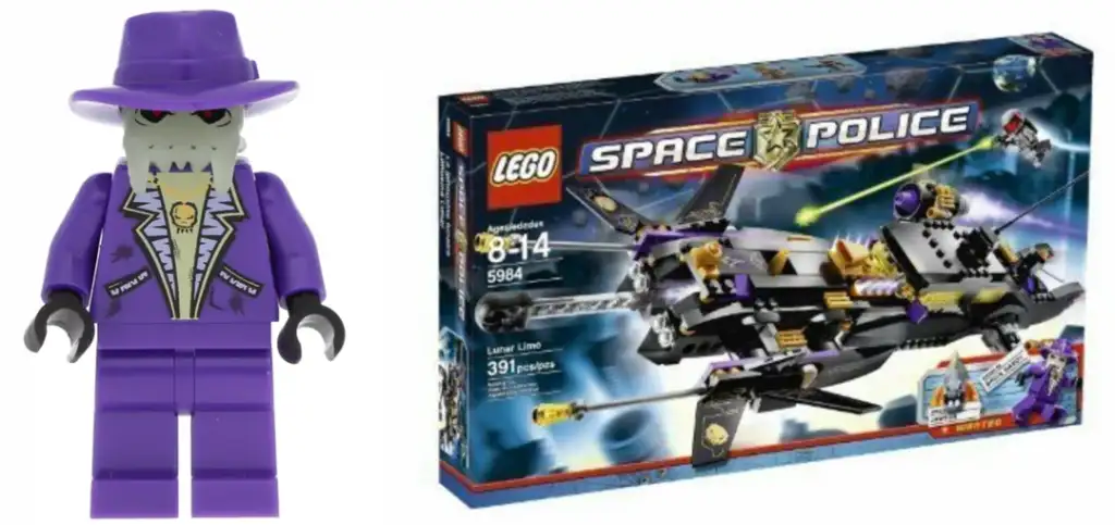 A LEGO minifigure dressed in purple with a hat stands next to a LEGO Space Police set box. The set includes a detailed spaceship and is labeled as suitable for ages 8-14, containing 391 pieces.