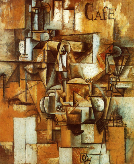 Cubist painting featuring abstract, interlocking geometric shapes in browns, whites, and grays, depicting figures and objects in a café setting. The word "Café" appears in the top right corner.