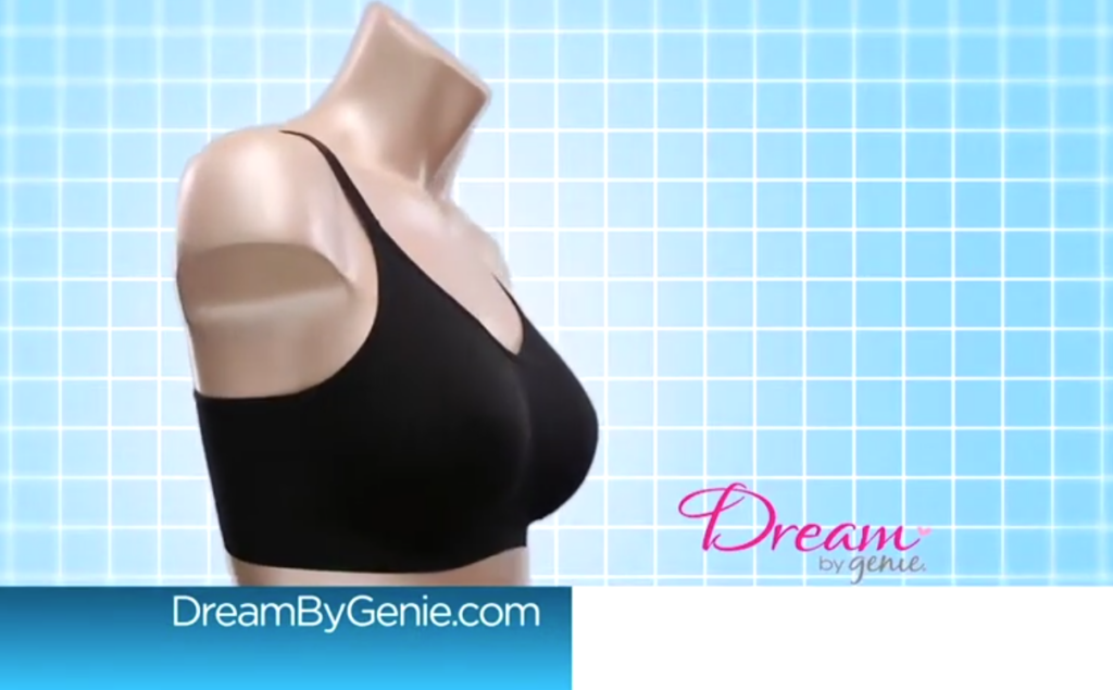 A mannequin displays a black bra against a blue grid background. The text "Dream by Genie" is in the upper right corner, and "DreamByGenie.com" is in the lower left corner on a white and blue banner.