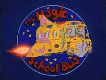 Illustration of a yellow school bus with rocket modifications flying through space. The bus has fish-like features and is surrounded by stars. Two characters are visible inside. The text reads "The Magic School Bus.