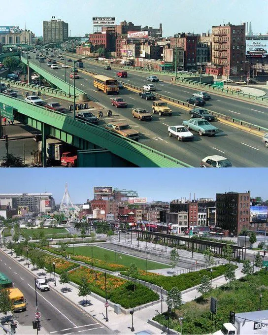 Comparison of the same urban area with a highway in the past and a green park in the present. The top image shows a busy elevated highway with cars; the bottom image features a landscaped park with trees and walkways, enhancing green space.