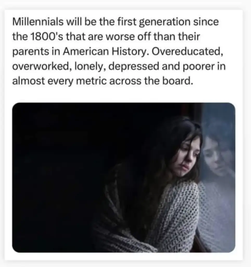 A woman wrapped in a blanket looks out a window with a somber expression. Text above her reads, "Millennials will be the first generation since the 1800's that are worse off than their parents in American History...