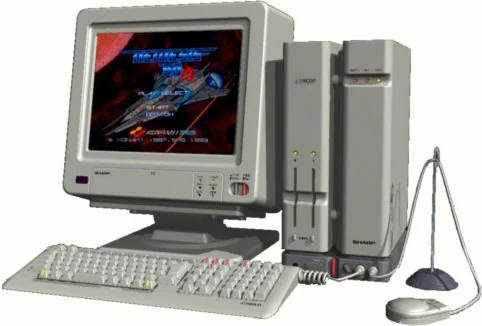 A vintage desktop computer setup featuring a CRT monitor displaying a space-themed game, a tower CPU, a keyboard, a mouse, and a microphone on a stand. The design is characteristic of 1990s technology.