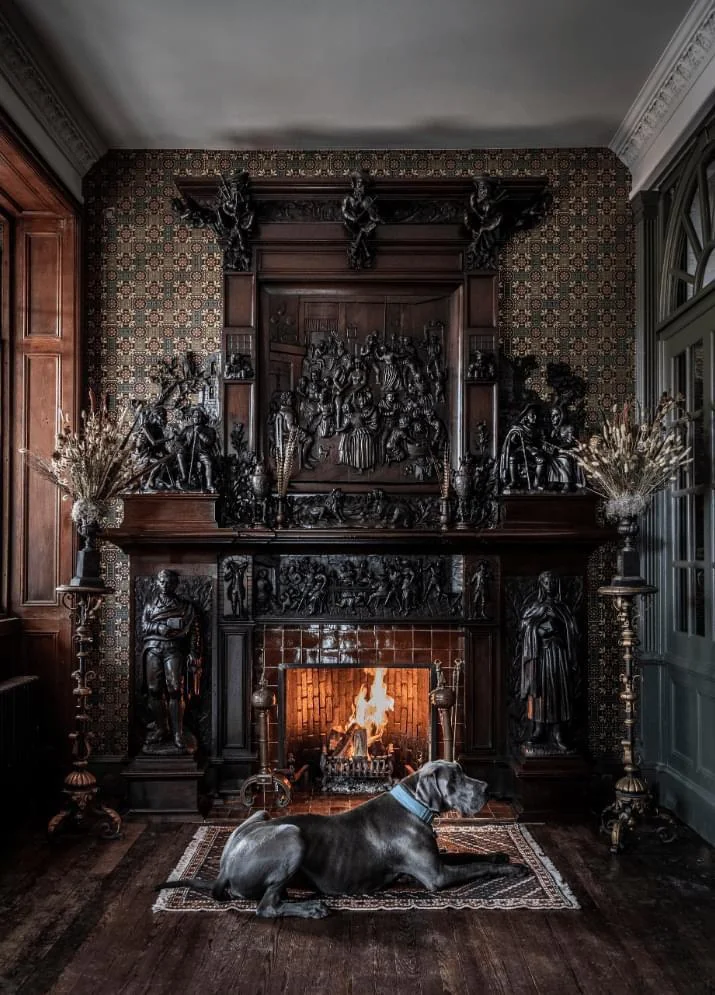 A large dog lies on a rug in front of an ornate fireplace. The fireplace features intricate, dark wood carvings, and a fire is burning brightly. The room has richly detailed wallpaper and wooden paneling, creating a warm, classic atmosphere.