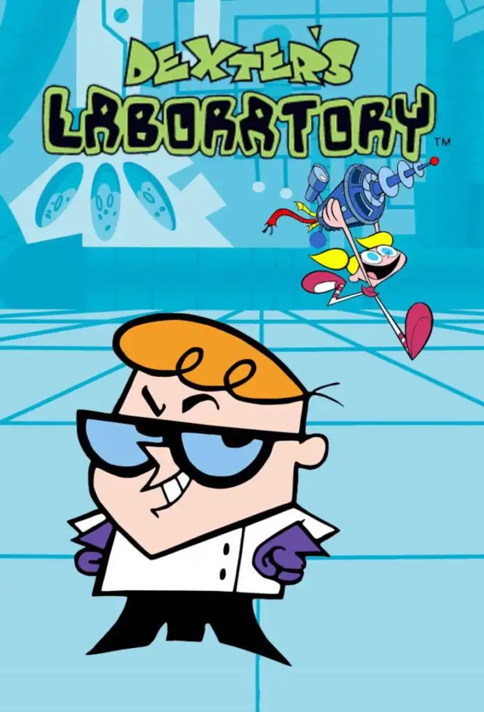 Cartoon image of a boy in a lab coat and glasses standing in a futuristic laboratory. A character with a net is flying behind him. The text reads "Dexter's Laboratory" at the top.