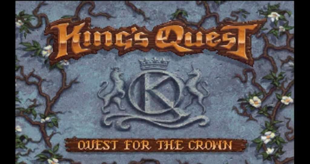 Video game title screen with a medieval theme. The text "King's Quest" appears in ornate lettering atop a decorative background featuring vines and flowers. Below, it reads "Quest for the Crown" with a crown emblem in the center.