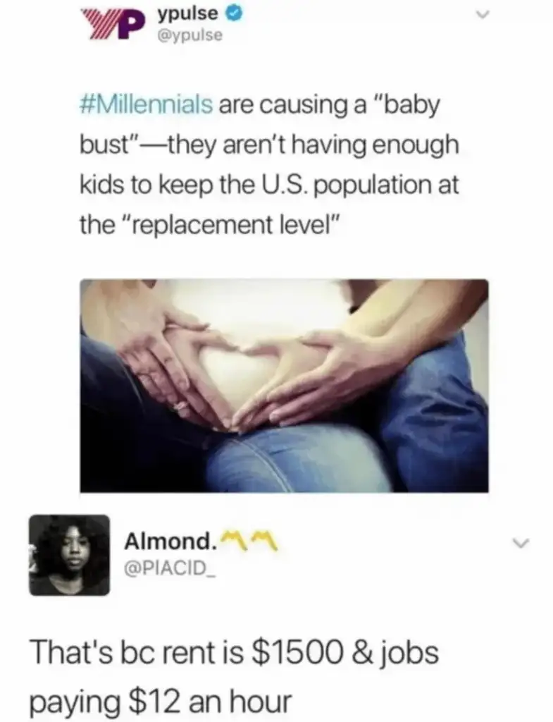 A tweet by YPulse states that millennials are causing a "baby bust" and not maintaining the U.S. population level. A response from Almond highlights high rent costs of $1500 and low wages of $12 an hour as reasons.