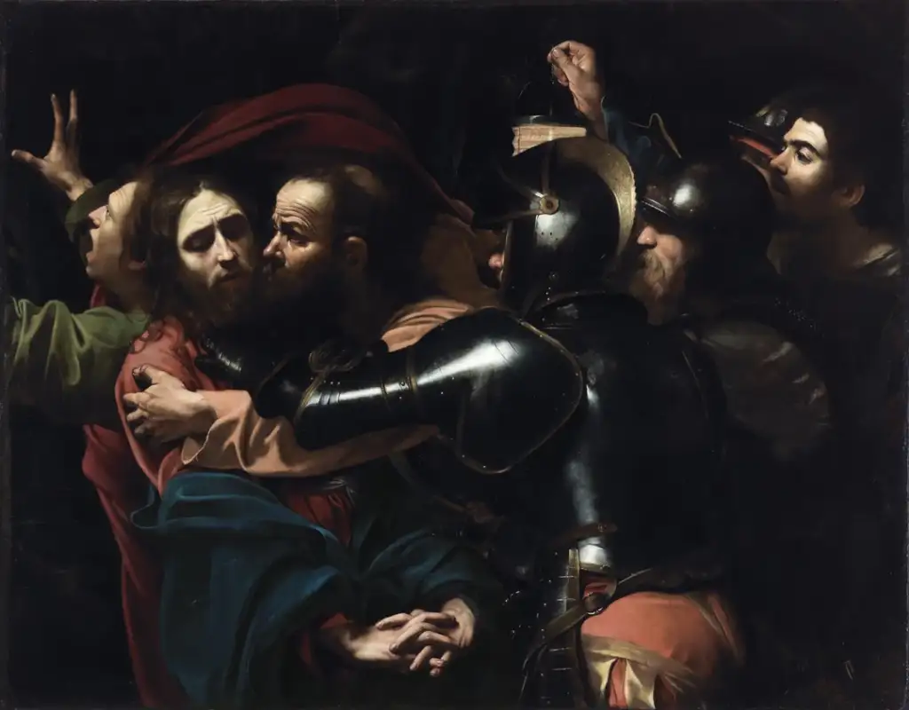 A dramatic painting shows a group of men in a dark setting. A bearded man in armor grasps the arm of a man with long hair who appears distressed. Around them, other men are in various states of action and surprise. The lighting is intense and focused.