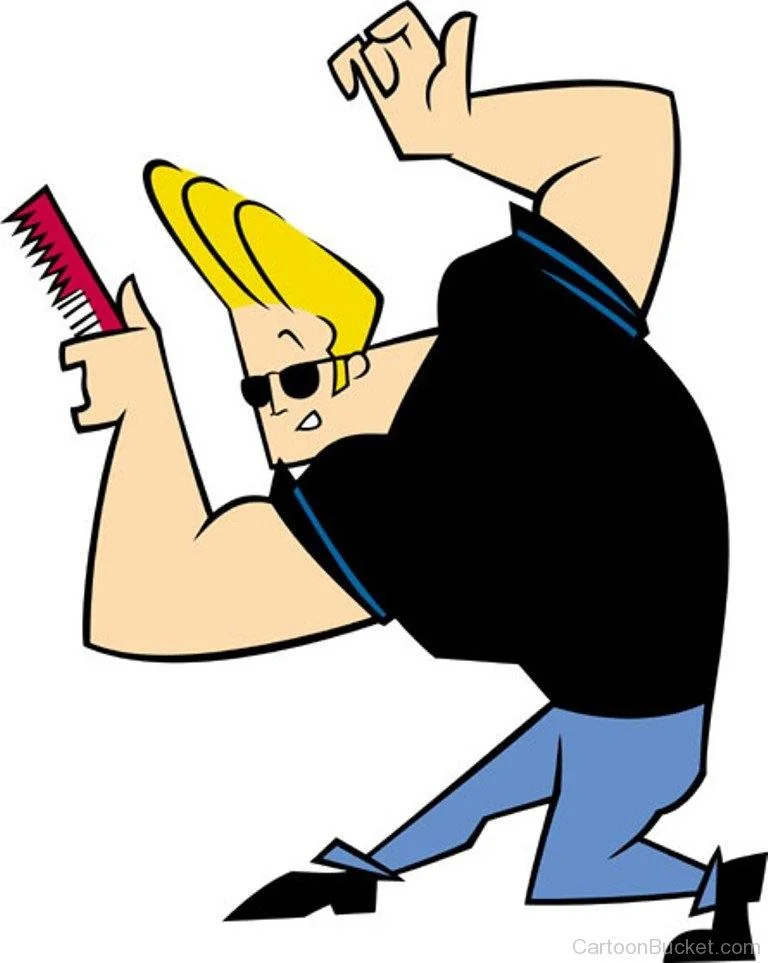 A cartoon character with blonde hair and sunglasses strikes a pose, holding a red comb. He wears a black T-shirt and blue jeans, and is kneeling with one knee on the ground, with an arm raised.