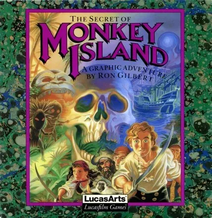 Cover art for "The Secret of Monkey Island," showing a pirate-themed illustration. A young man with a sword stands in the foreground, surrounded by a skull, ships, and other pirate imagery. The title and LucasArts logo are prominently displayed.