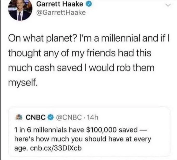 A tweet by Garrett Haake above a CNBC tweet. Garrett's tweet humorously questions the claim that 1 in 6 millennials have $100,000 saved, suggesting disbelief and joking he’d rob a friend with that much. CNBC's tweet includes a link to their article.