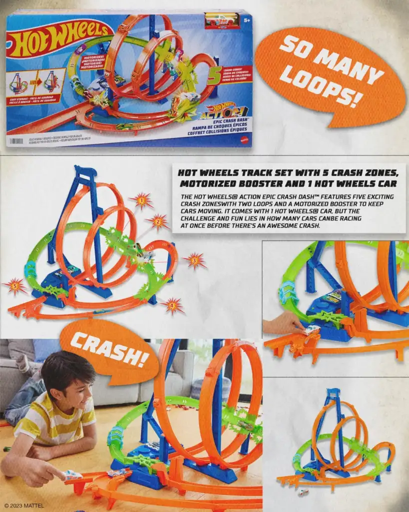 A Hot Wheels track set with multiple loops and crash zones is shown. The set includes a motorized booster and a car. A child plays with the track, focusing on the vehicle racing through loops. Text highlights features like crash zones and loops.