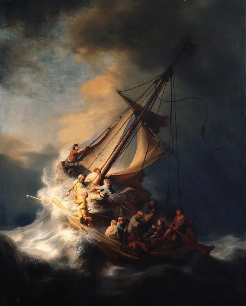 A dramatic seascape painting depicts a group of people on a small boat battling a violent storm. The dark, turbulent sea and ominous clouds contrast with a shaft of light illuminating the boat and its passengers. The sails are billowing in the wind.