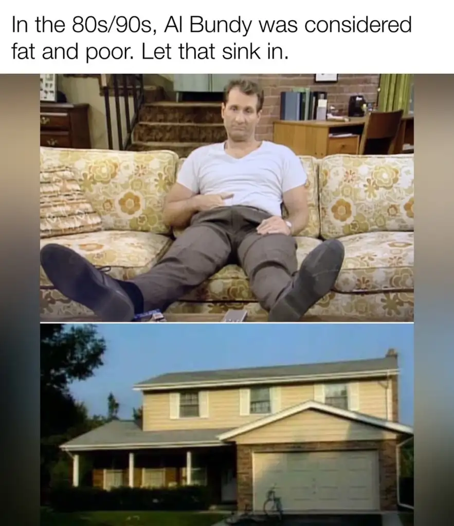 Split image: Top half shows a man lounging on a patterned couch, wearing casual clothes. Bottom half displays a suburban two-story house with a front porch, trees, and a bicycle near the entrance. Text mentions Al Bundy being considered "fat and poor" in the 80s/90s.