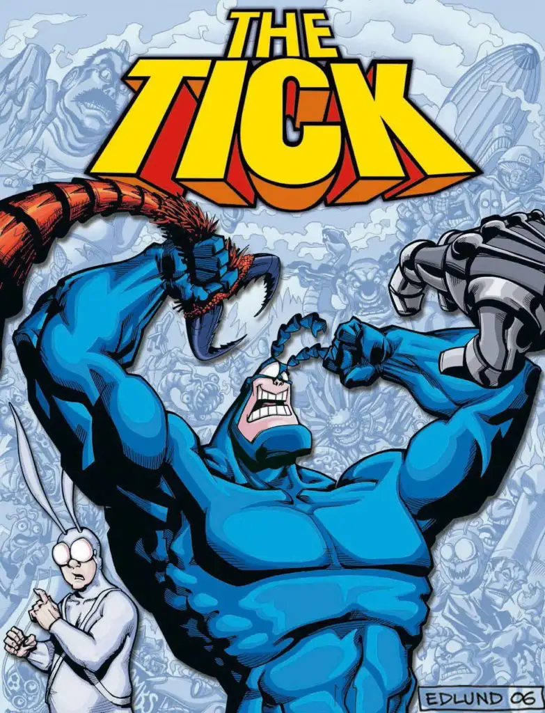 Comic book cover featuring "The Tick," a muscular blue superhero, shouting with clenched fists. A villain with a red tentacle arm is in the background. A character in white with glasses stands on the left. The title is at the top.