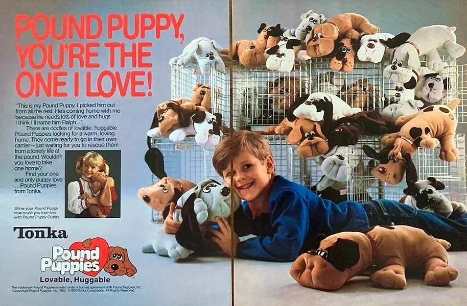 A young child lying on the floor surrounded by various stuffed dog toys, called Pound Puppies, displayed on shelves and the floor. The text reads "Pound Puppy, You're The One I Love!" and promotes the plush toys as lovable and huggable.