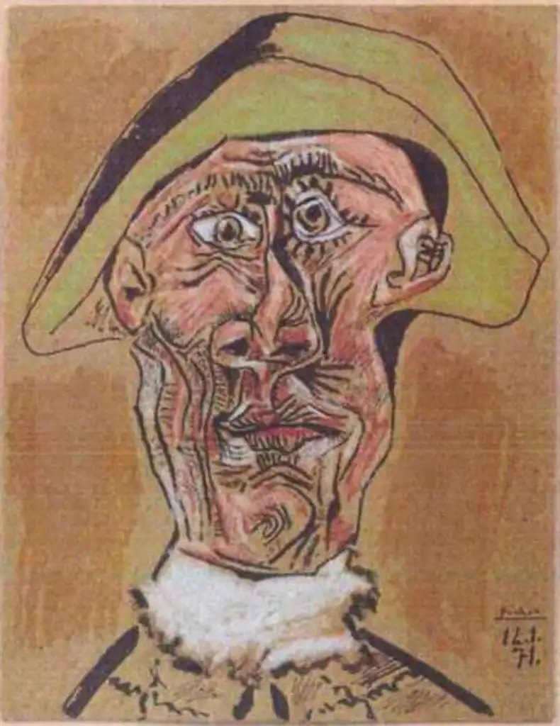 Abstract painting of a face with exaggerated features, such as large eyes and a pronounced nose. The portrait has a distorted style, with a mix of colors like green, pink, and brown, and the person is wearing a green hat.