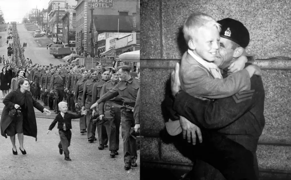 Left: A woman and child run towards soldiers marching in a parade on a city street. Right: A soldier embraces a smiling child in a joyful reunion. Both images depict emotional moments during wartime.