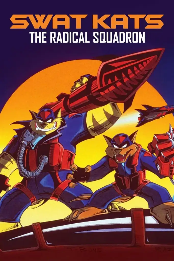 Animated poster of "SWAT Kats: The Radical Squadron" featuring two feline characters in combat gear, standing ready under a sunset backdrop with a jet flying above them. Bold, colorful design with a dynamic, action-packed atmosphere.