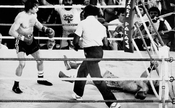 Boxing match in progress: A boxer with gloves stands near his opponent, who is lying on the canvas. A referee watches closely. The scene is surrounded by an audience, with some spectators holding cameras.