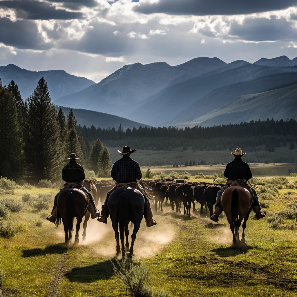 Three cowboys ride horses while herding cattle across a grassy landscape. They are moving away from the viewer toward tree-covered hills, with mountains silhouetted against a cloudy sky in the background. Dust trails behind the horses.