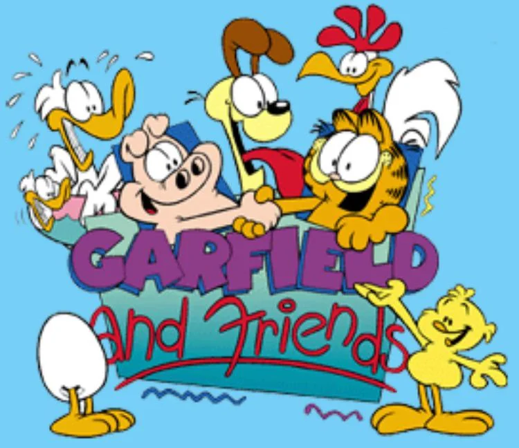 A colorful cartoon image featuring Garfield the cat, a dog, a rooster, and other animal characters gathered around a sign reading "Garfield and Friends" with smiles and cheerful expressions.