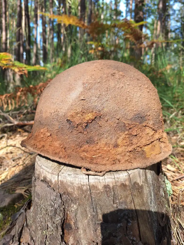 Rusty, old military helmet resting on a tree stump in a forest setting, surrounded by greenery and tall trees in the background. Sunlight filters through the branches, highlighting the helmet's weathered texture.